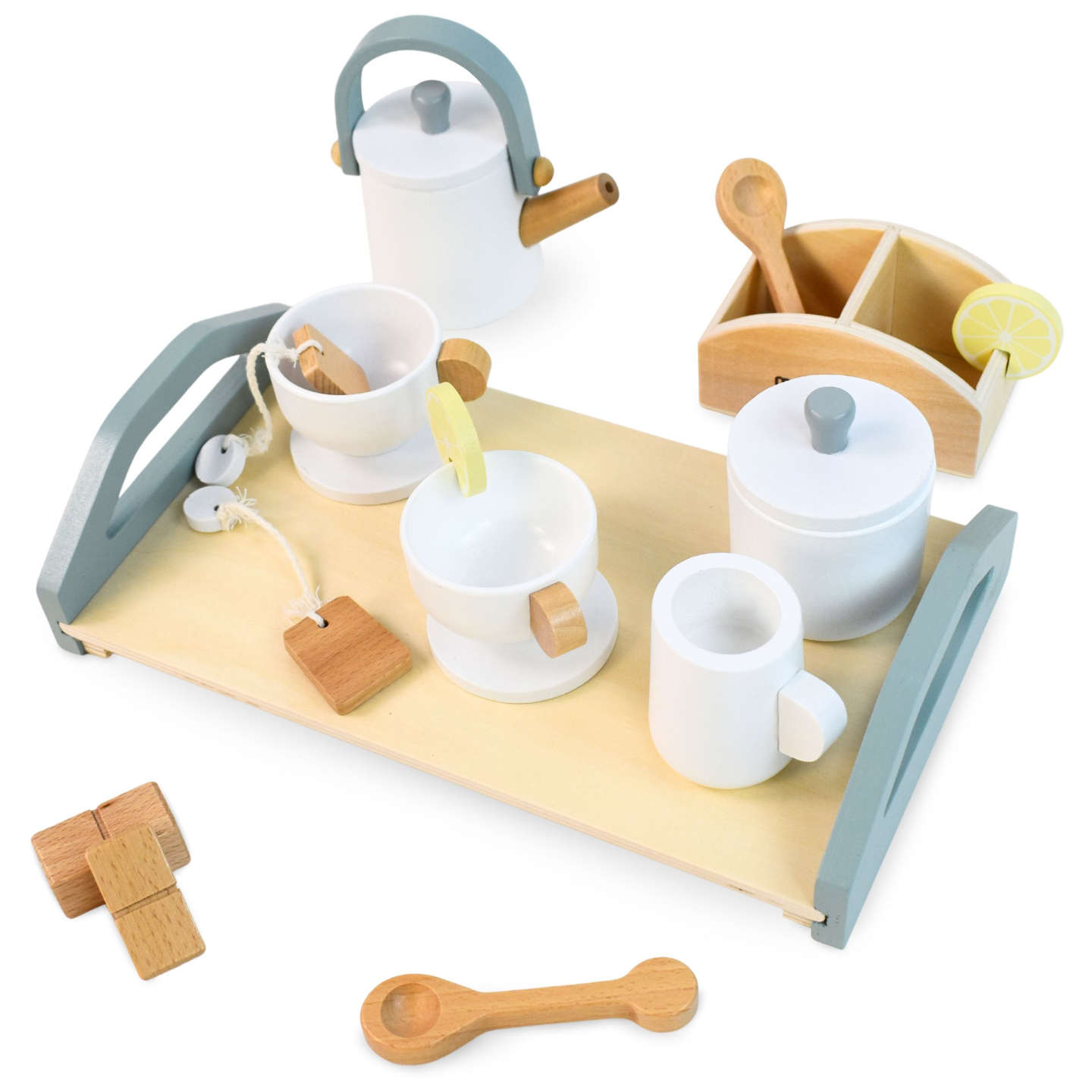 Stor teservis i trä med bricka - 17 artiklar