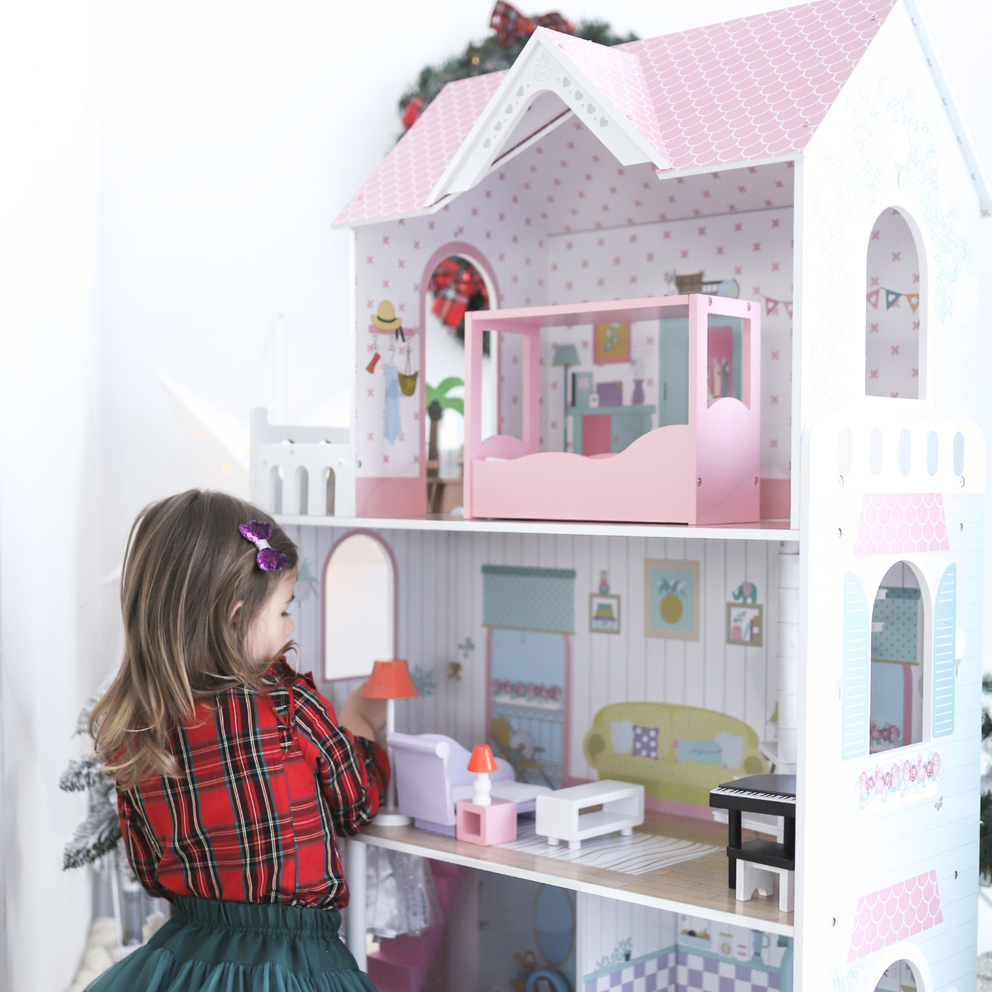 XXL Största dockhus i trä - 123 cm - LED-belyst - terrass, tillbehör, trädgård