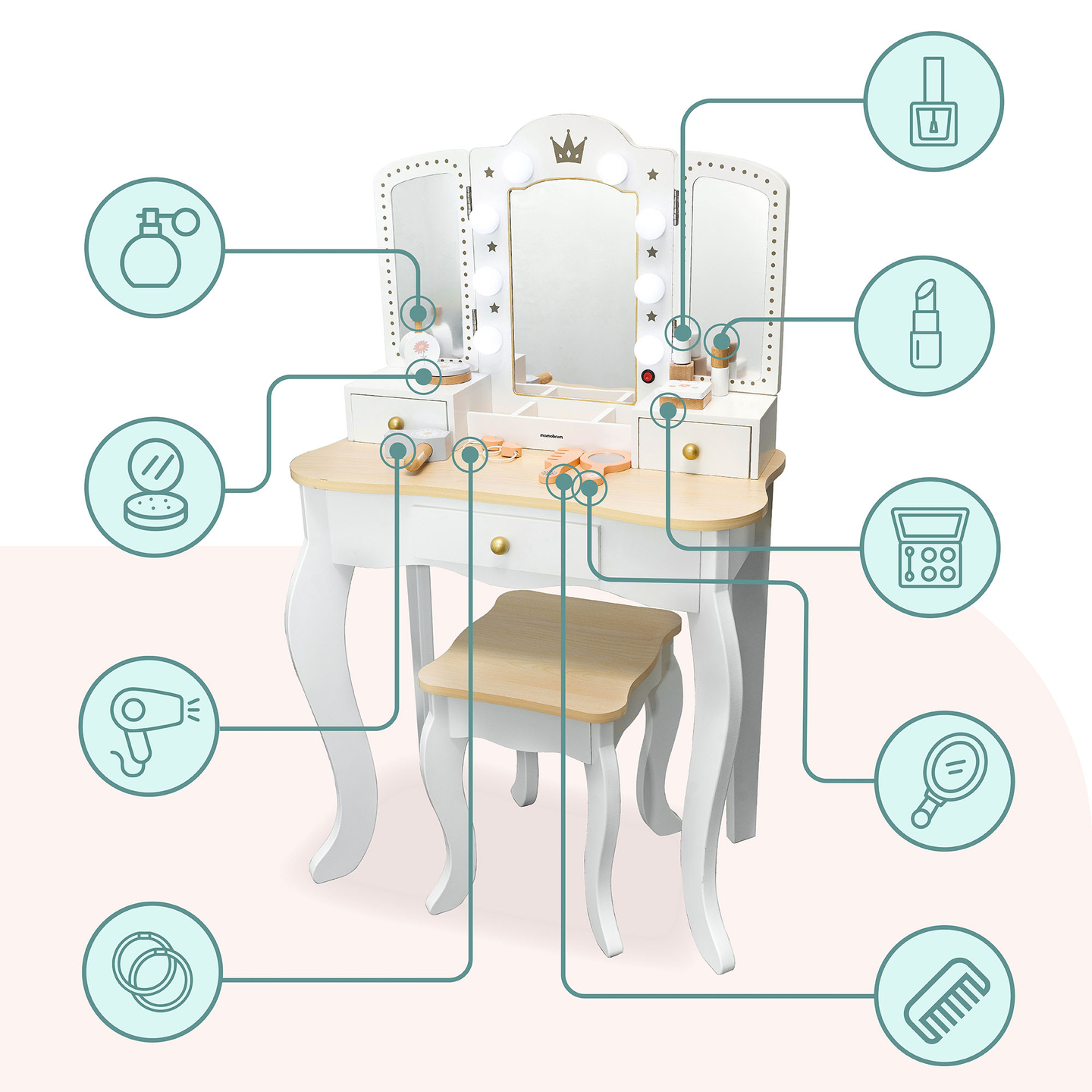 XXL toalettbord i trä med pall och LED-belysning för barn + tillbehör