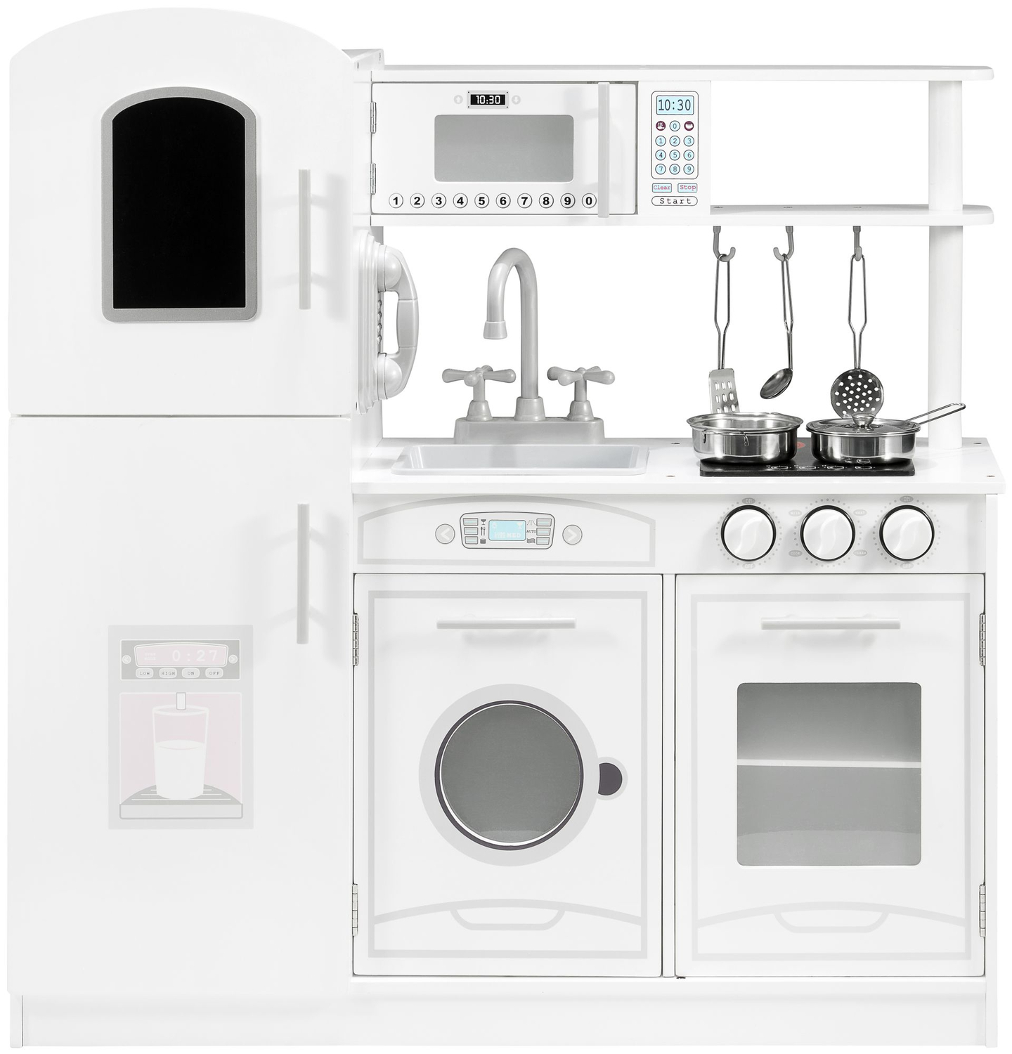 Stora vita kökstillbehör och förkläde i trä