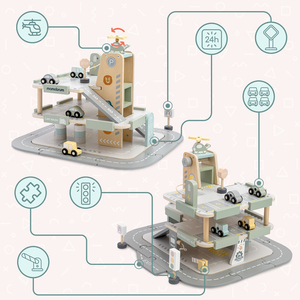 Trägarage i tre våningar för barn med tillbehör – parkeringsplats, bensinstation, biltvätt, helikopter