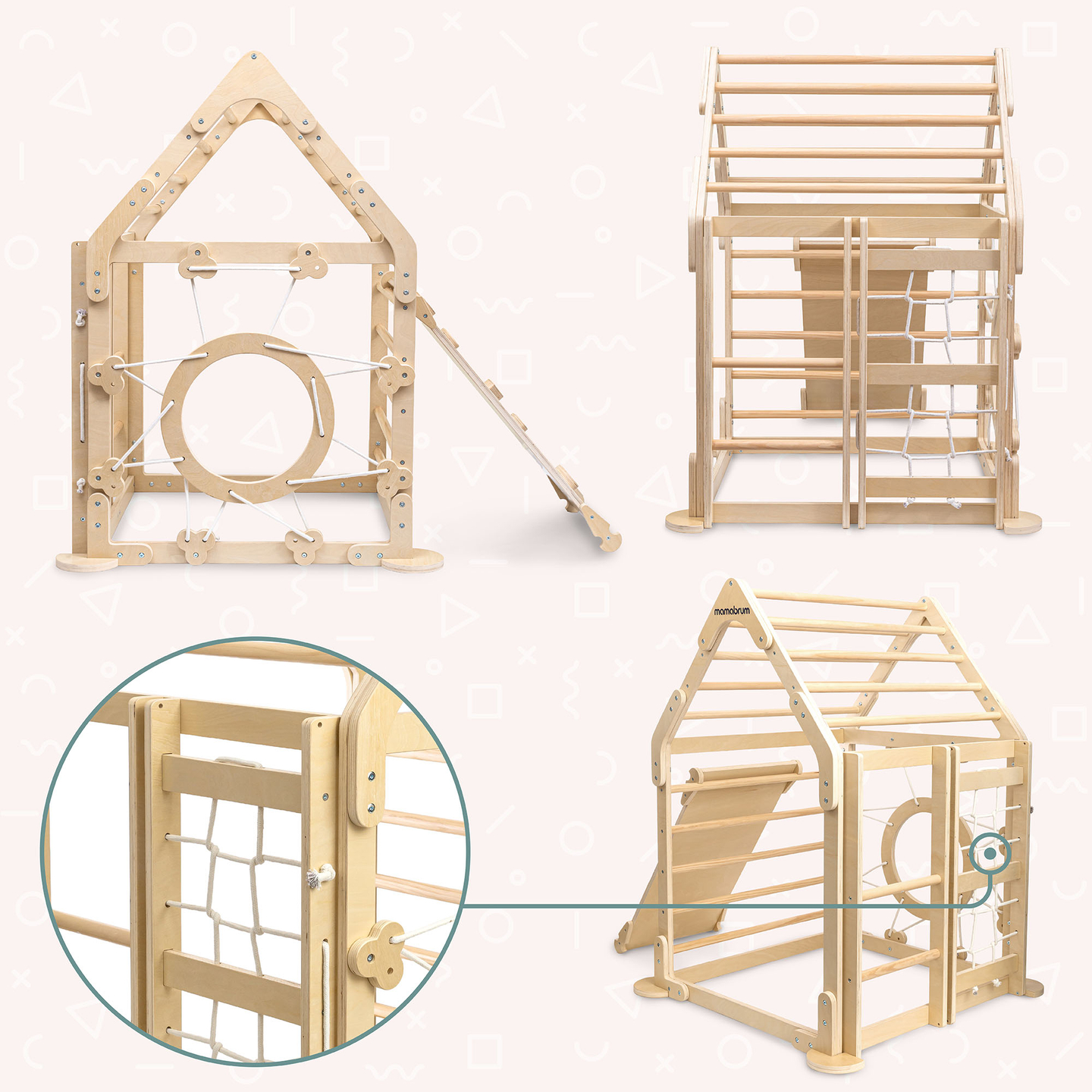 Trälekplats inomhus för barn - ett hus med stegar och en rutschkana