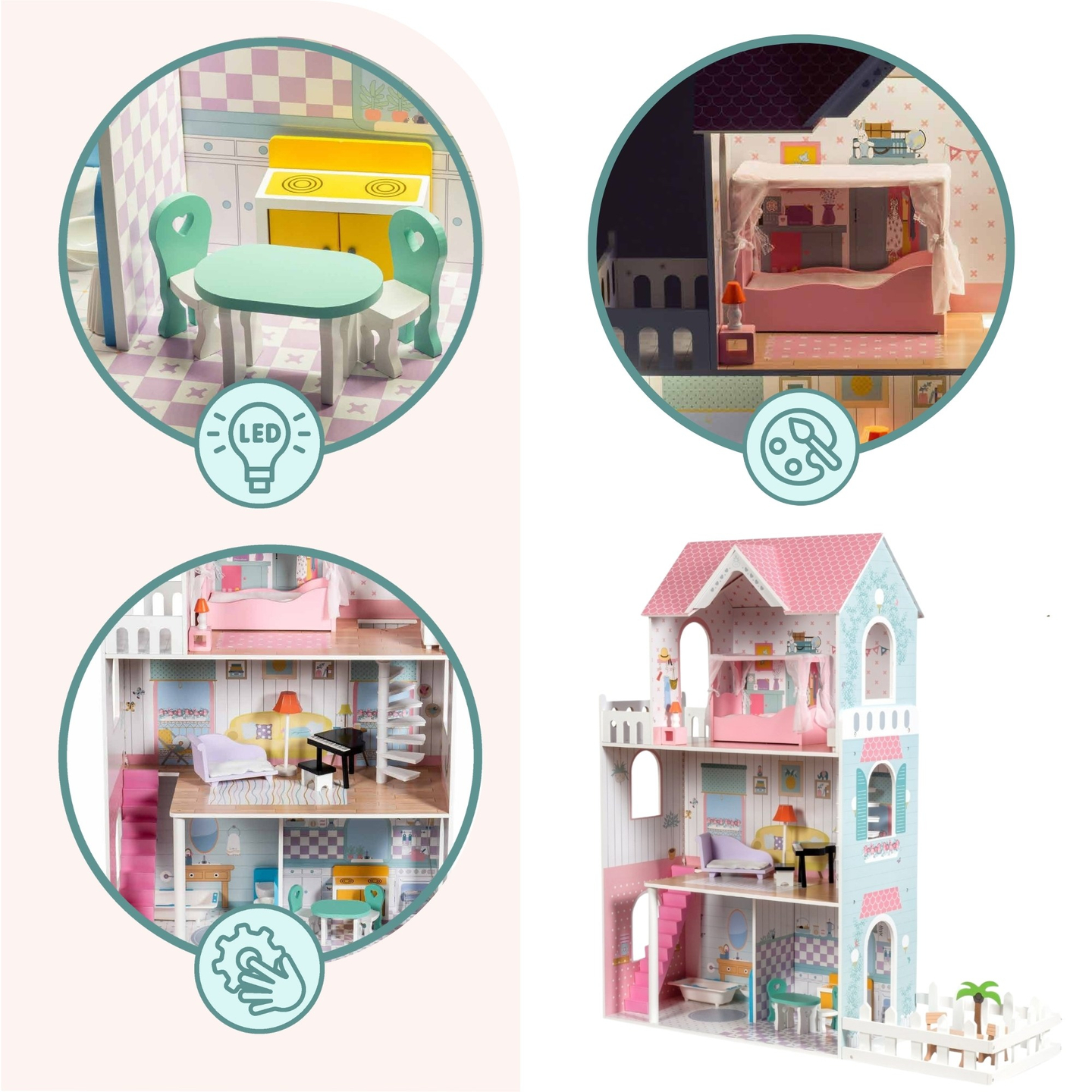 XXL Största dockhus i trä - 123 cm - LED-belyst - terrass, tillbehör, trädgård