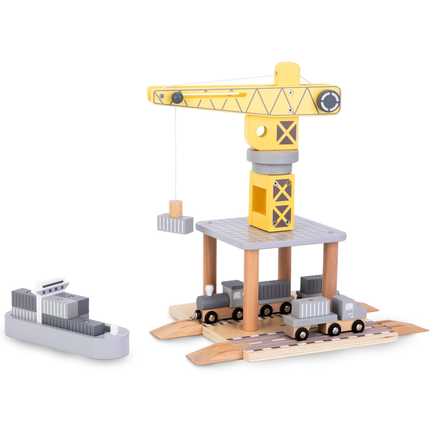 Mobil hamnkran med magnetvinsch och tillbehör - set i trä