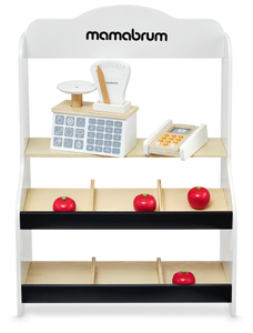 Mini market - butik med vågar, terminal, betalkort och frukt