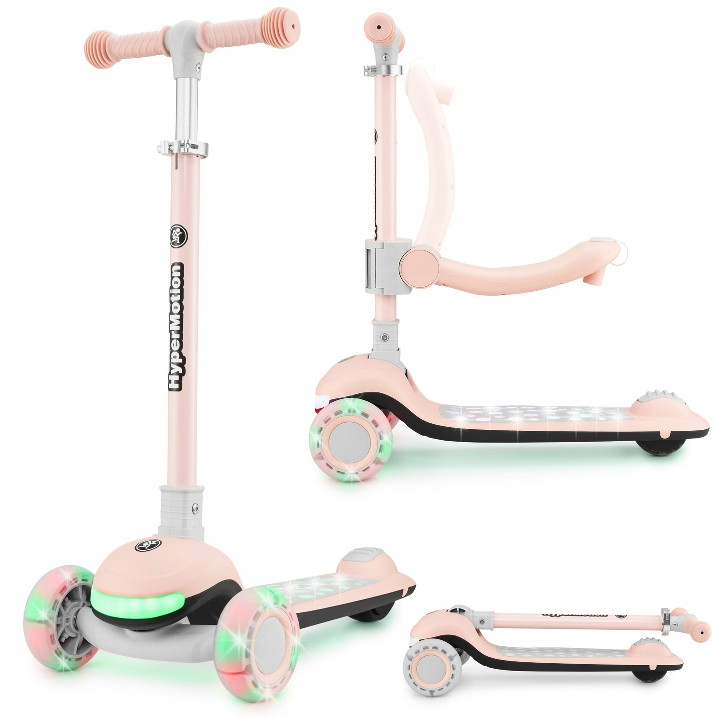 HyperMotion LUMI 3-i-1 balanssparkcykel - upplyst plattform och LED-hjul, färg rosa