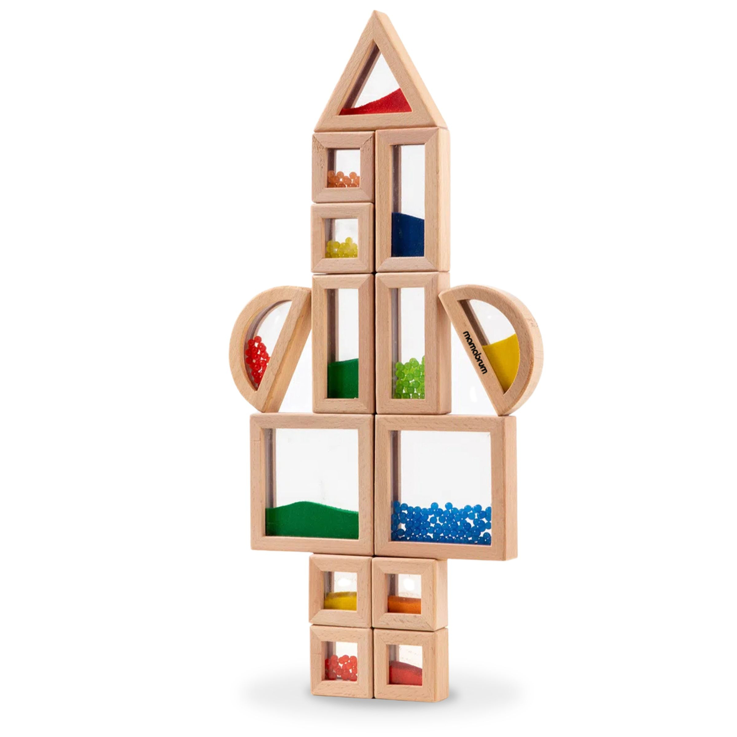 Set med sensoriska block i trä med olika fyllningar - 15 delar