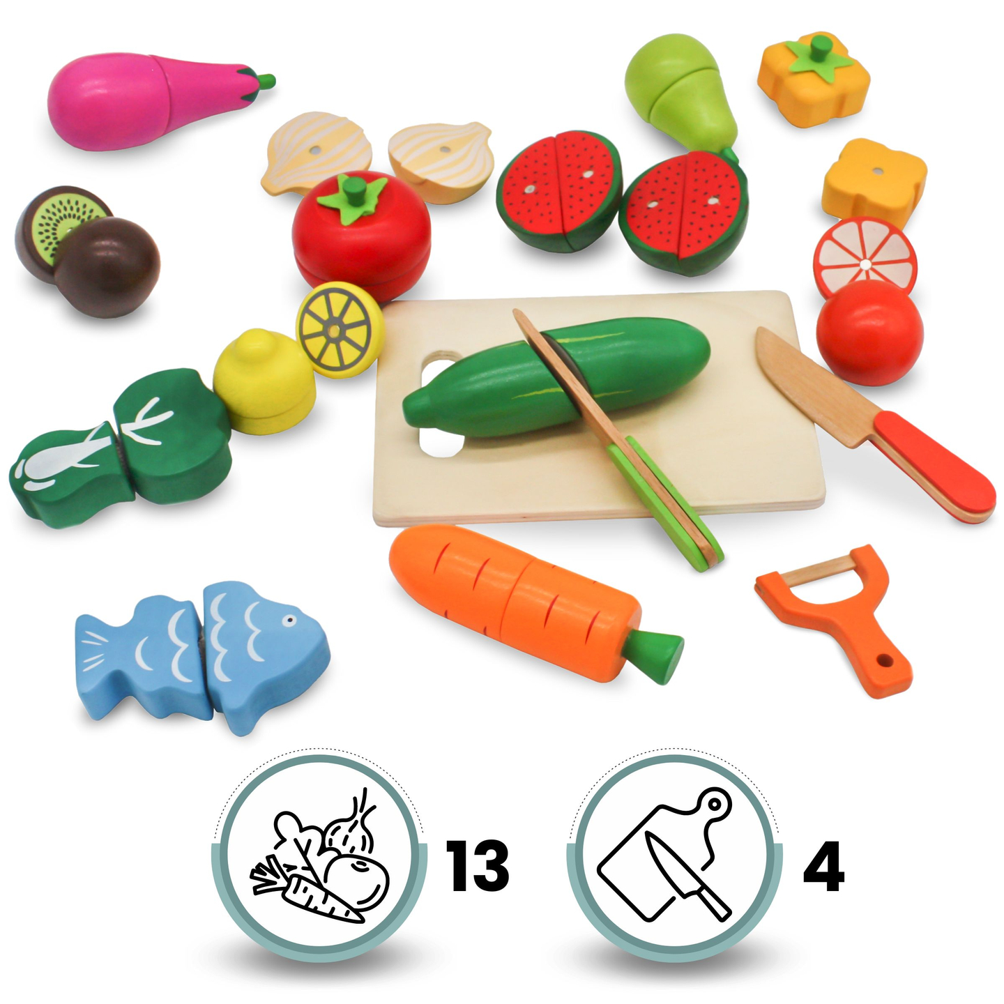 Frukter och grönsaker av trä för skärning