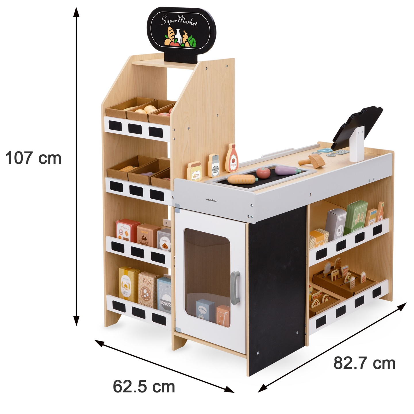 Grönsaksmarknad i trä - stort XXL-stånd, butik med kassaapparat för spel