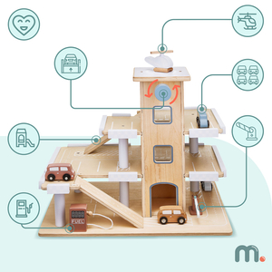 Träparkering i tre våningar med hiss - garage för bilar och helikopter