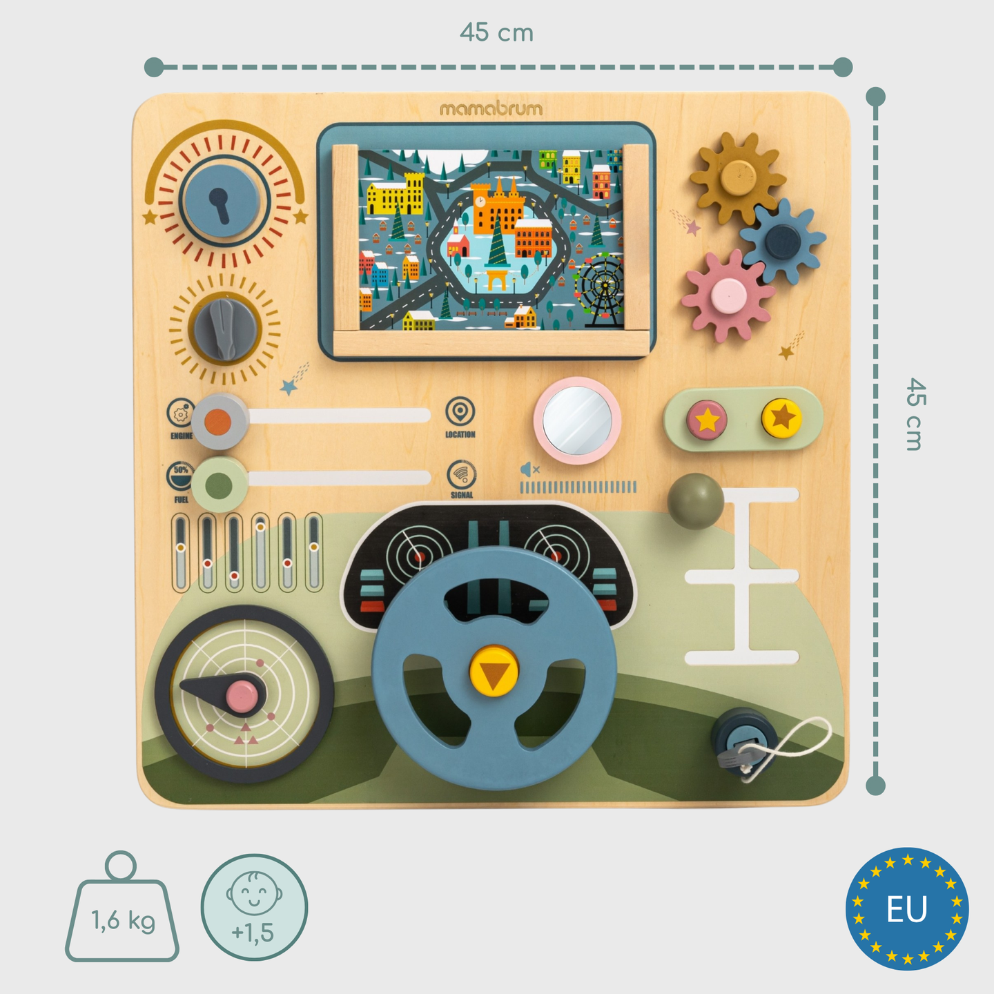 Montessoribräda i trä 2-i-1 förarplats för den lilla föraren och piloten – ratt, växelspak, resekartor, radar