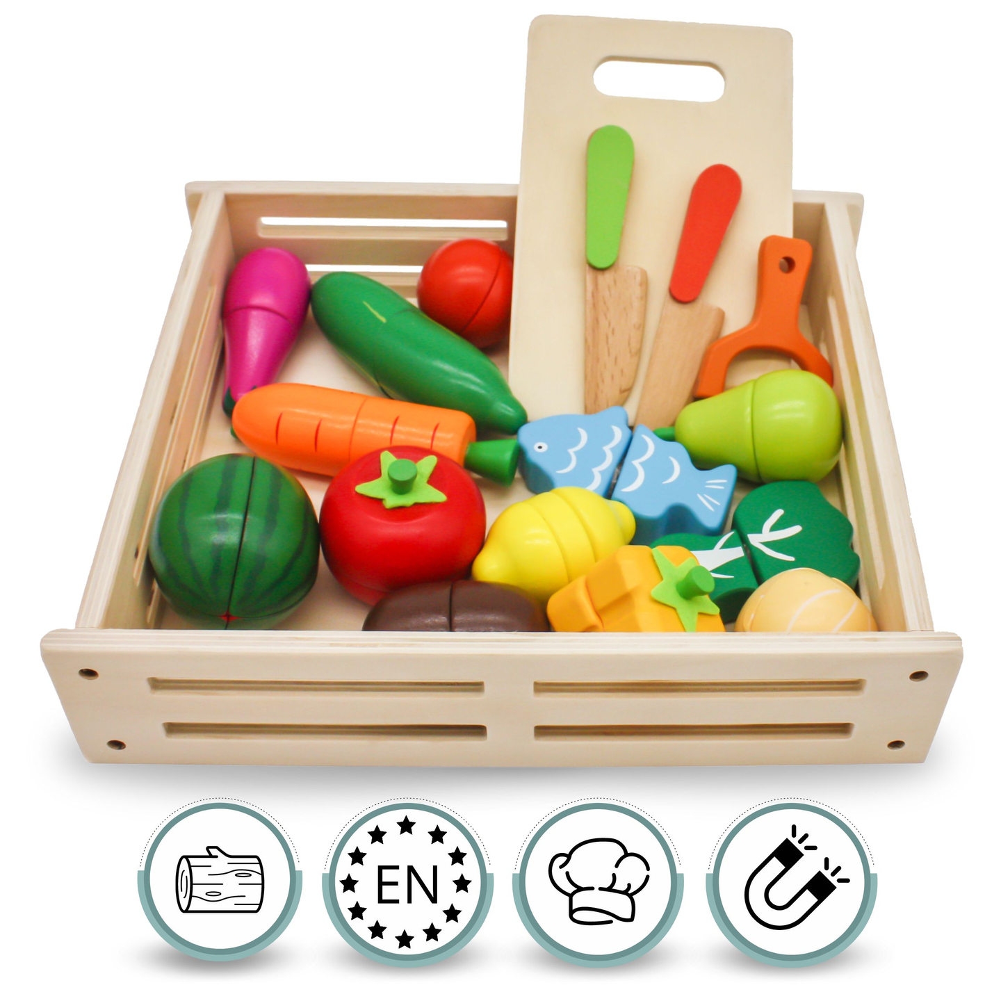 Frukter och grönsaker av trä för skärning