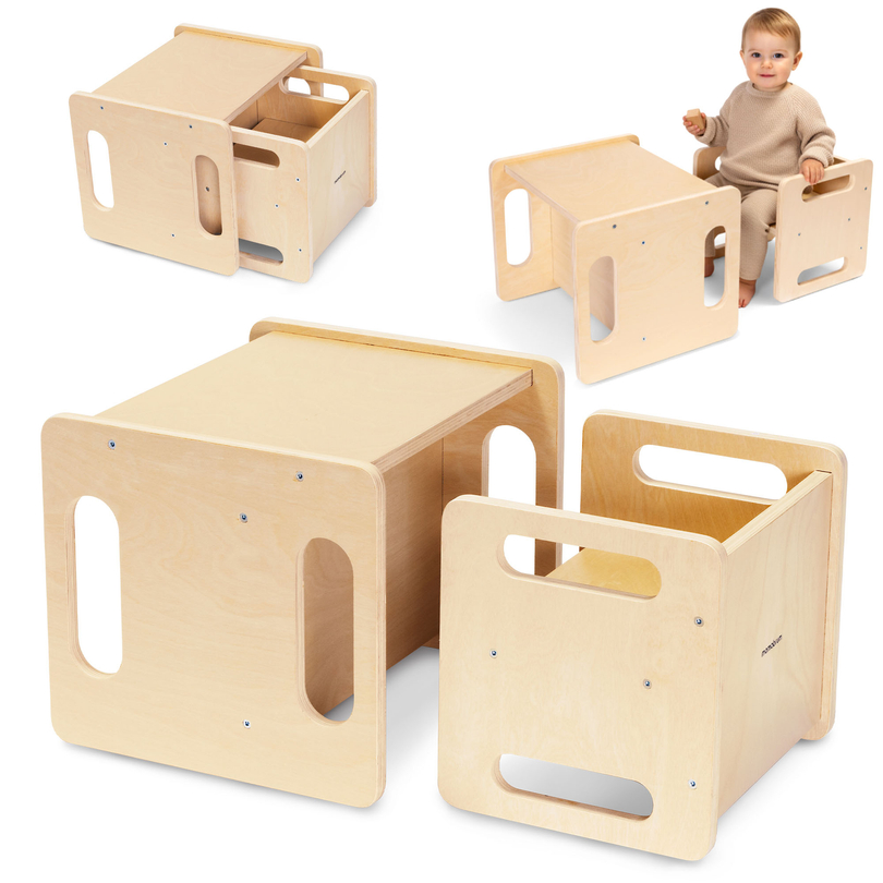 Träbord och stol med trappstegsfunktion – ett multifunktionellt Montessoriset för barn