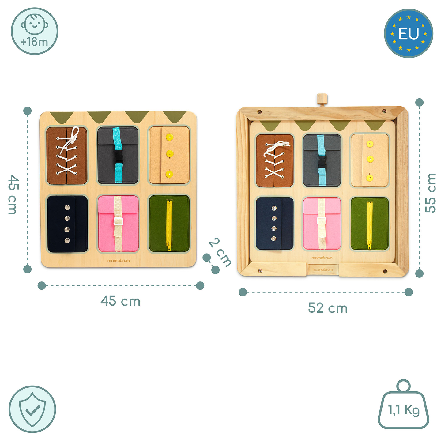 Montessori-manipulationsbräda i trä – Sensoriskt lärande av självständighet – snören, spännen, knappar, tryckknappar, dragkedja