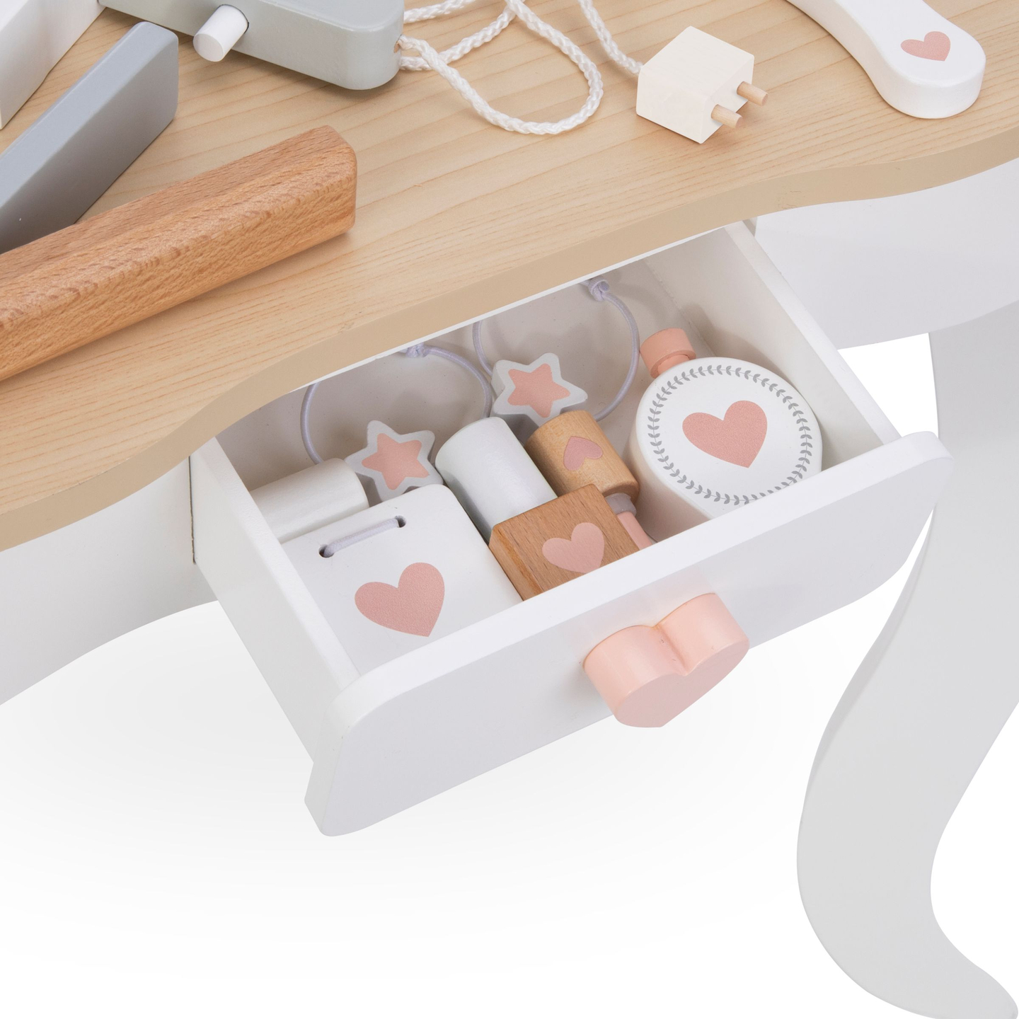 Sminkbord i trä med pall och tillbehör