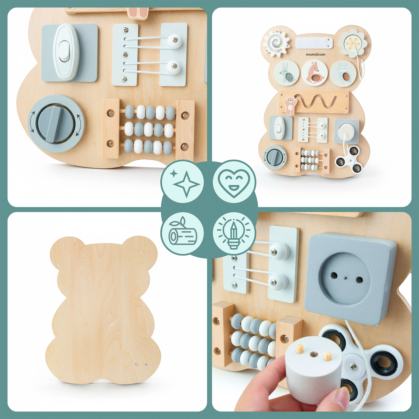 Montessori-nalle i trä - sensoriskt lärande av självständighet: kardborreband, plugg, labyrint, klickknapp