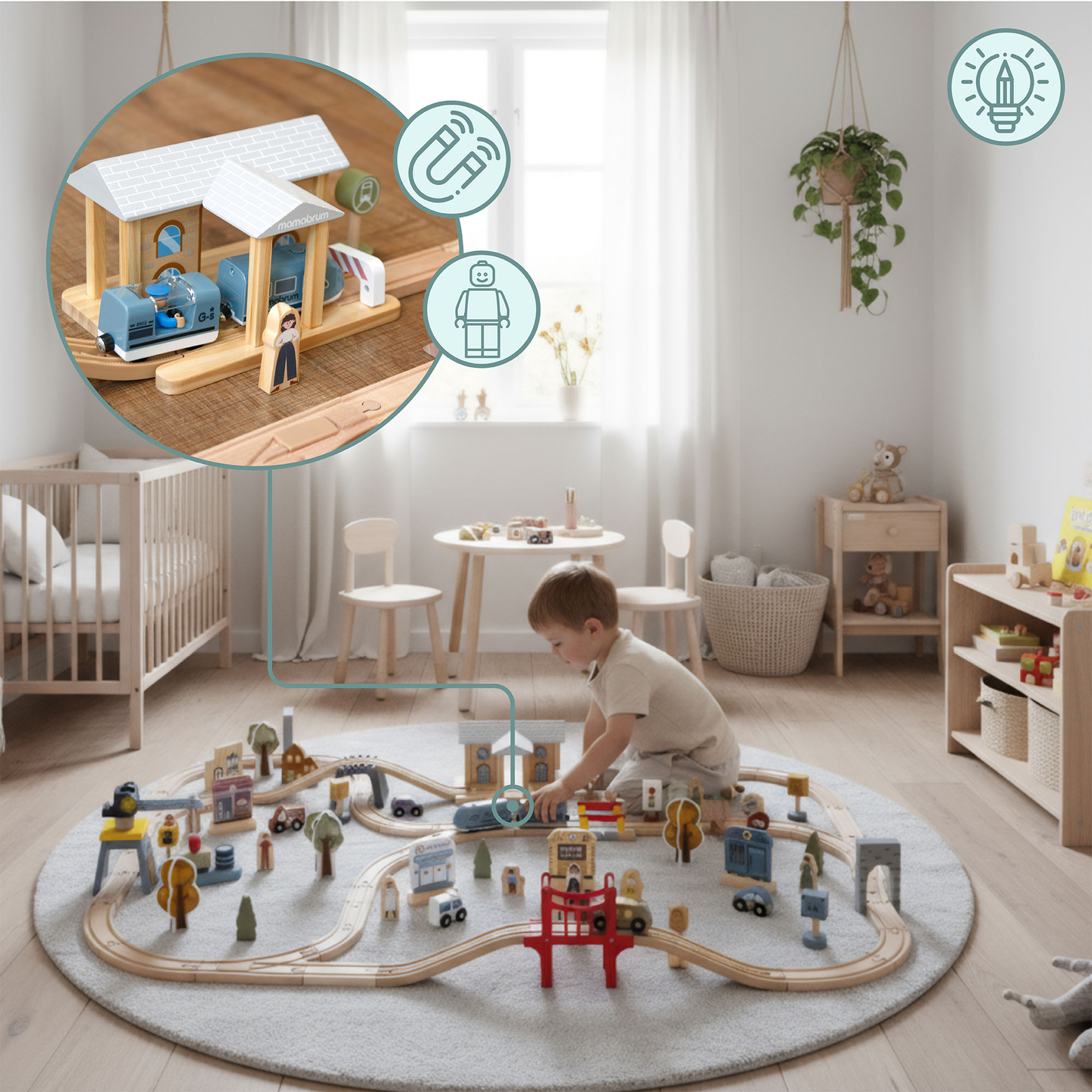 Träjärnväg med elektriskt tåg - rörlig kran, skepp, broar