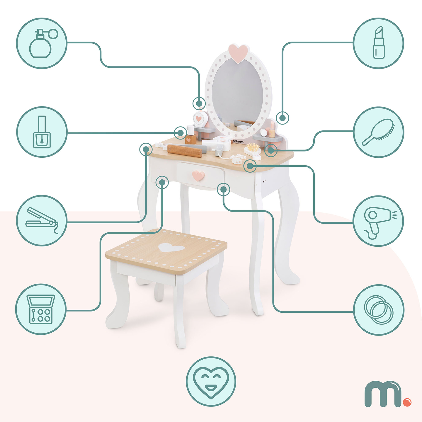 Sminkbord i trä med pall och tillbehör