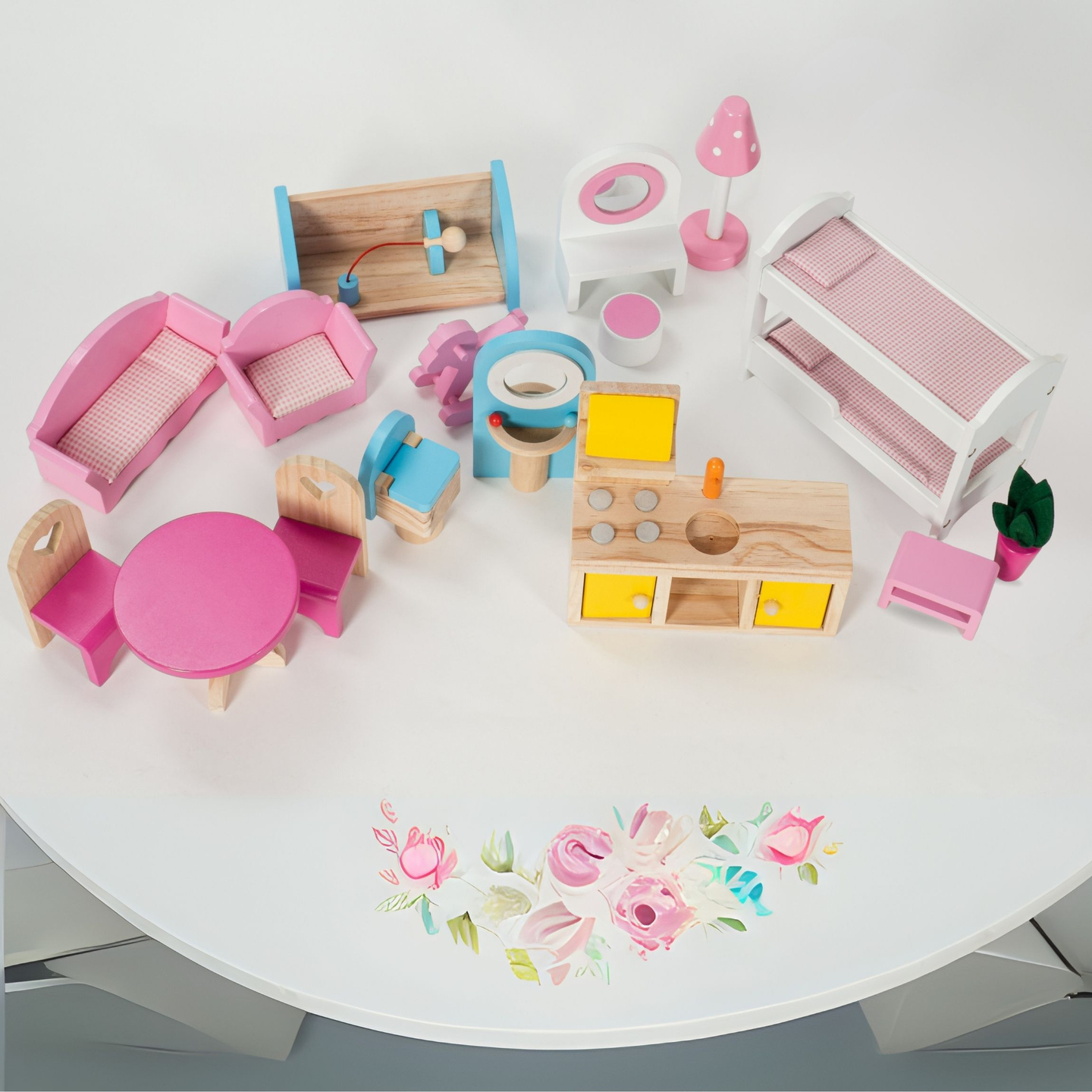 Stort dockhus i trä med 3 våningar, terrass, möbler och LED-belysning!