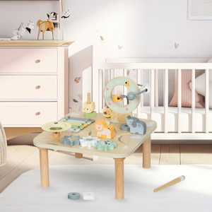 Trä pedagogiskt 7-i-1 musikbord med cymbaler och gonggong - vild djungel