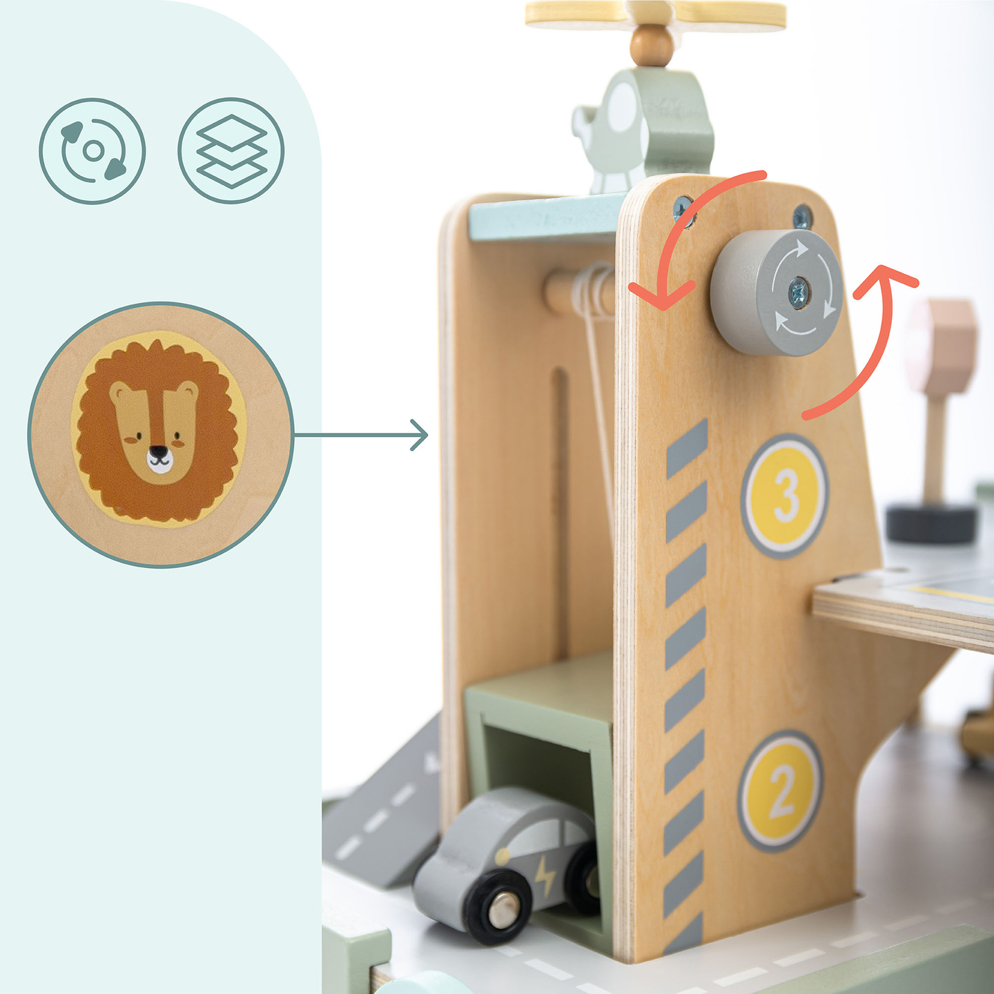 Trägarage i tre våningar för barn med tillbehör – parkeringsplats, bensinstation, biltvätt, helikopter