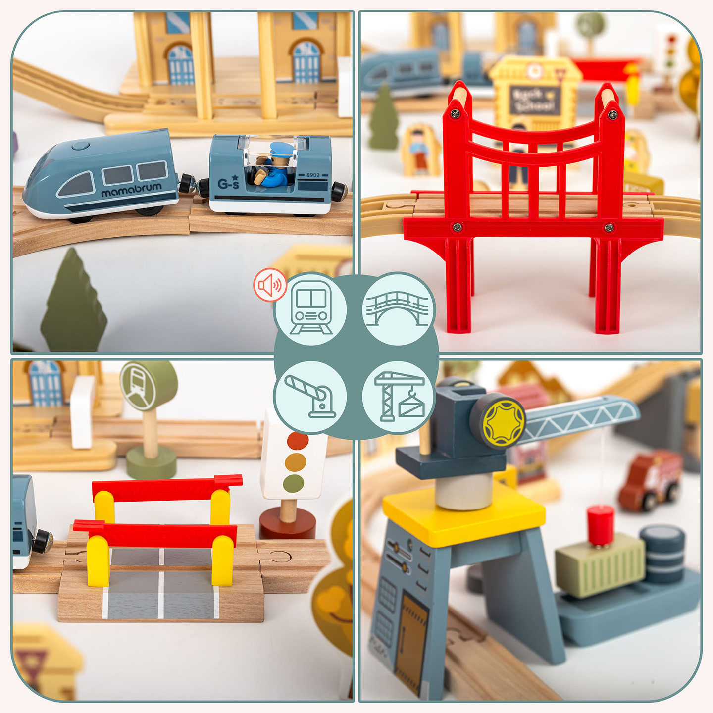 Träjärnväg med elektriskt tåg - rörlig kran, skepp, broar