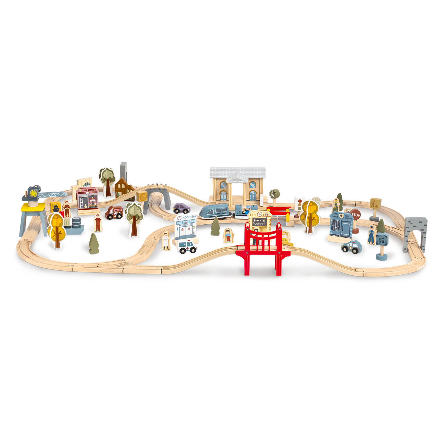 Träjärnväg med elektriskt tåg - rörlig kran, skepp, broar