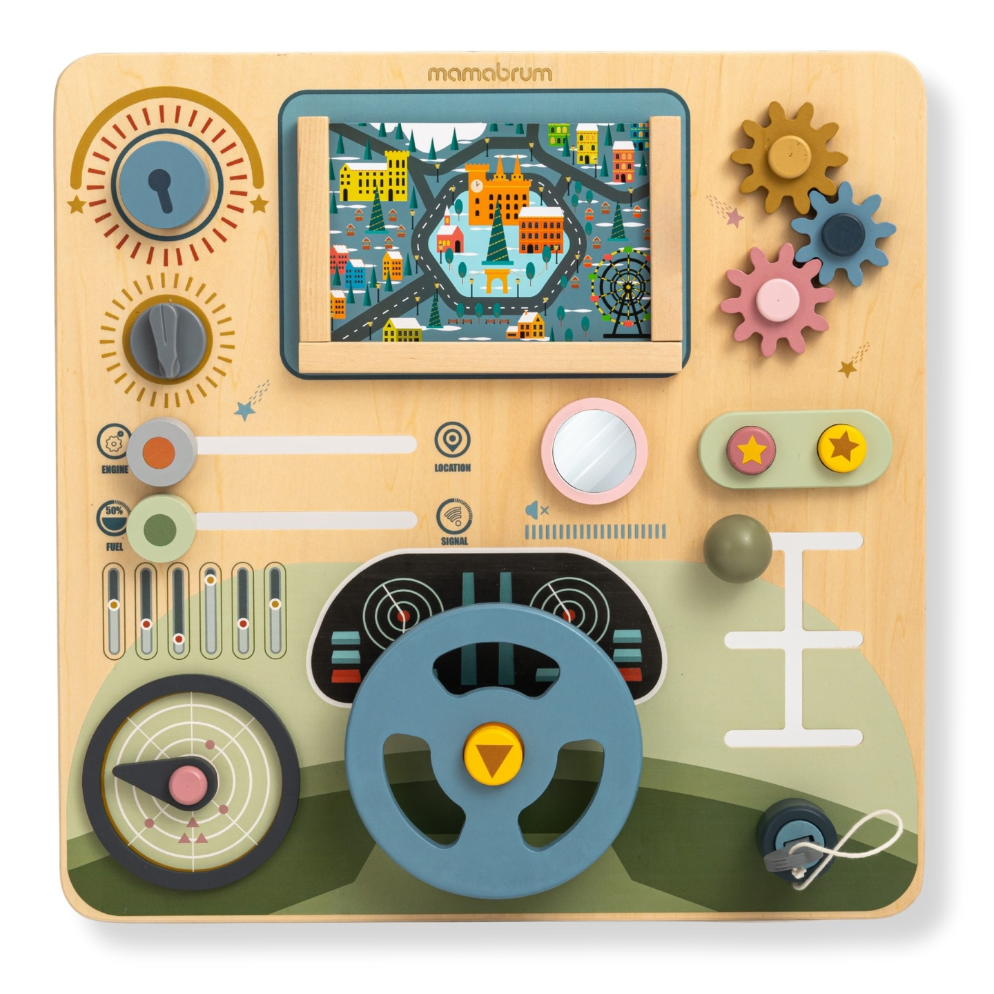 Montessoribräda i trä 2-i-1 förarplats för den lilla föraren och piloten – ratt, växelspak, resekartor, radar