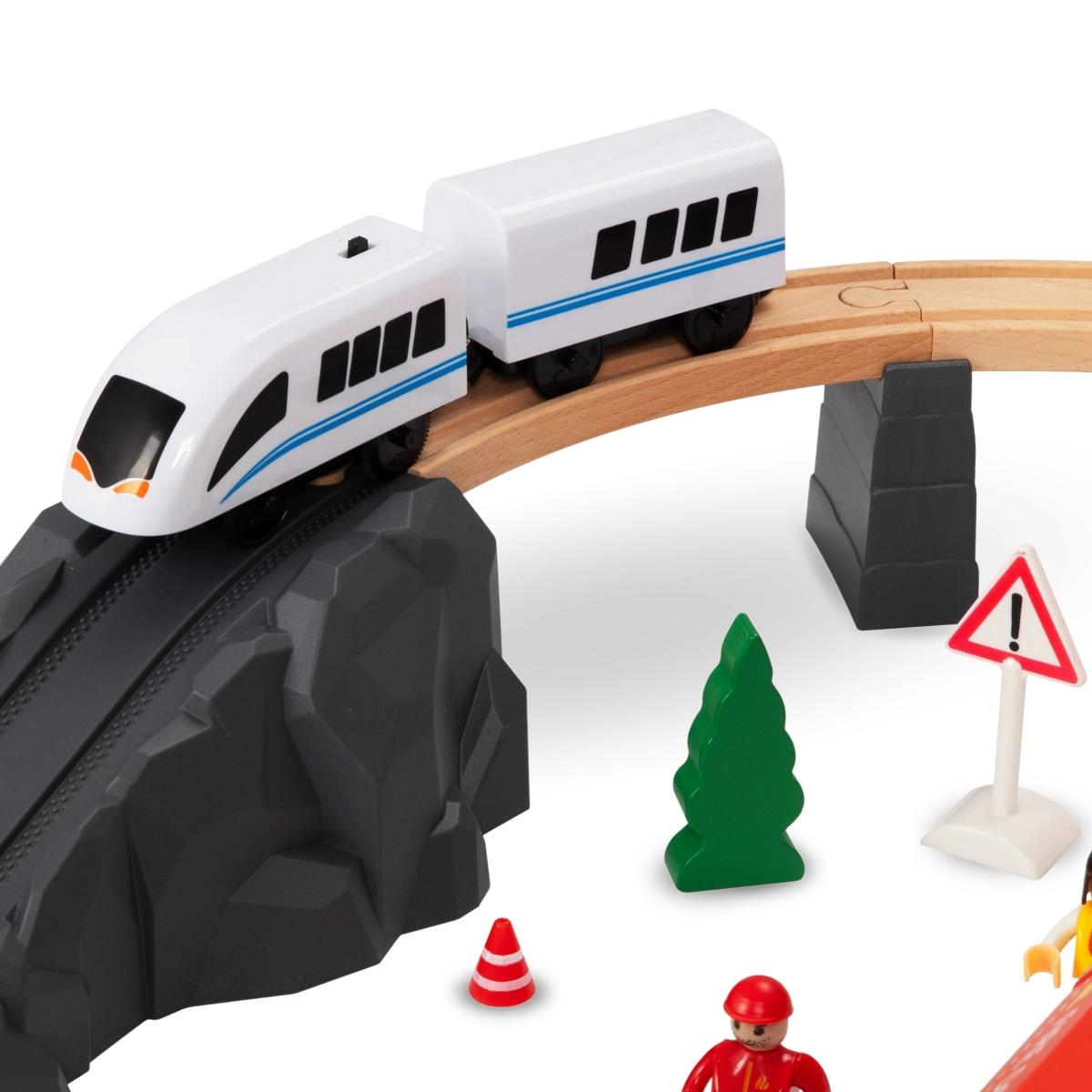 Trätåg, batteridrivet tåg - Brandkår, spår, bilar, broar, bom