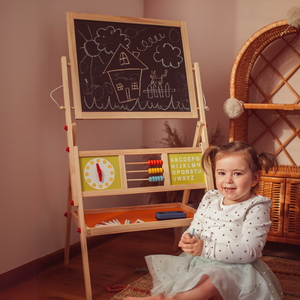 Stor pedagogisk dubbelsidig tavla: magnetisk och krittavla - torr raderingstavla, trä