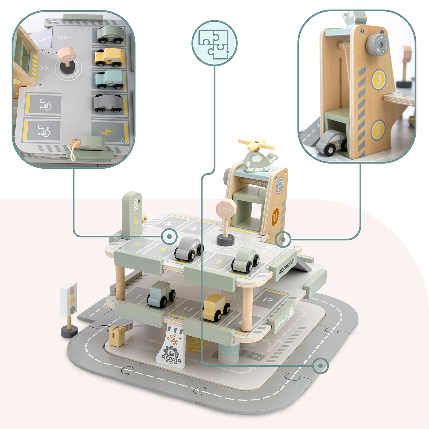 Trägarage i tre våningar för barn med tillbehör – parkeringsplats, bensinstation, biltvätt, helikopter