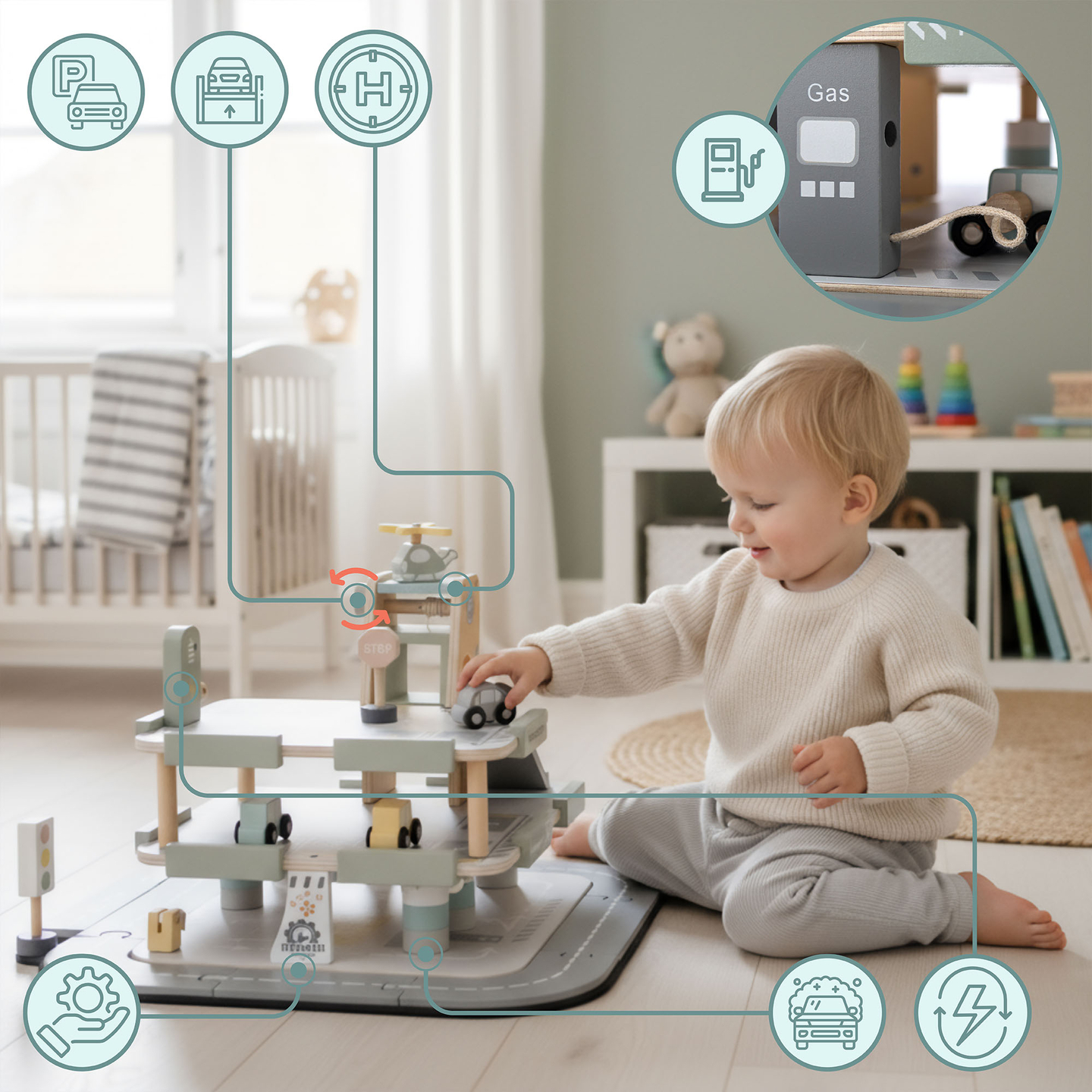 Trägarage i tre våningar för barn med tillbehör – parkeringsplats, bensinstation, biltvätt, helikopter