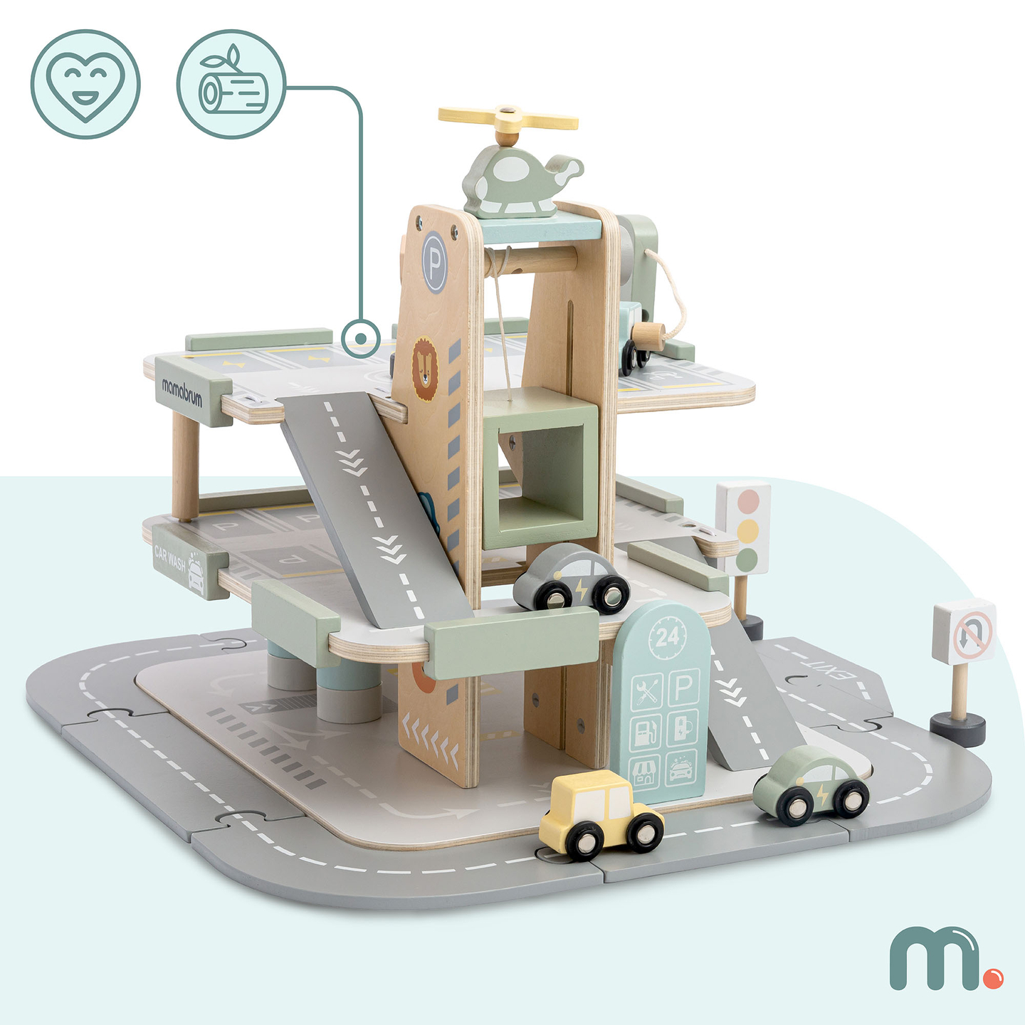 Trägarage i tre våningar för barn med tillbehör – parkeringsplats, bensinstation, biltvätt, helikopter