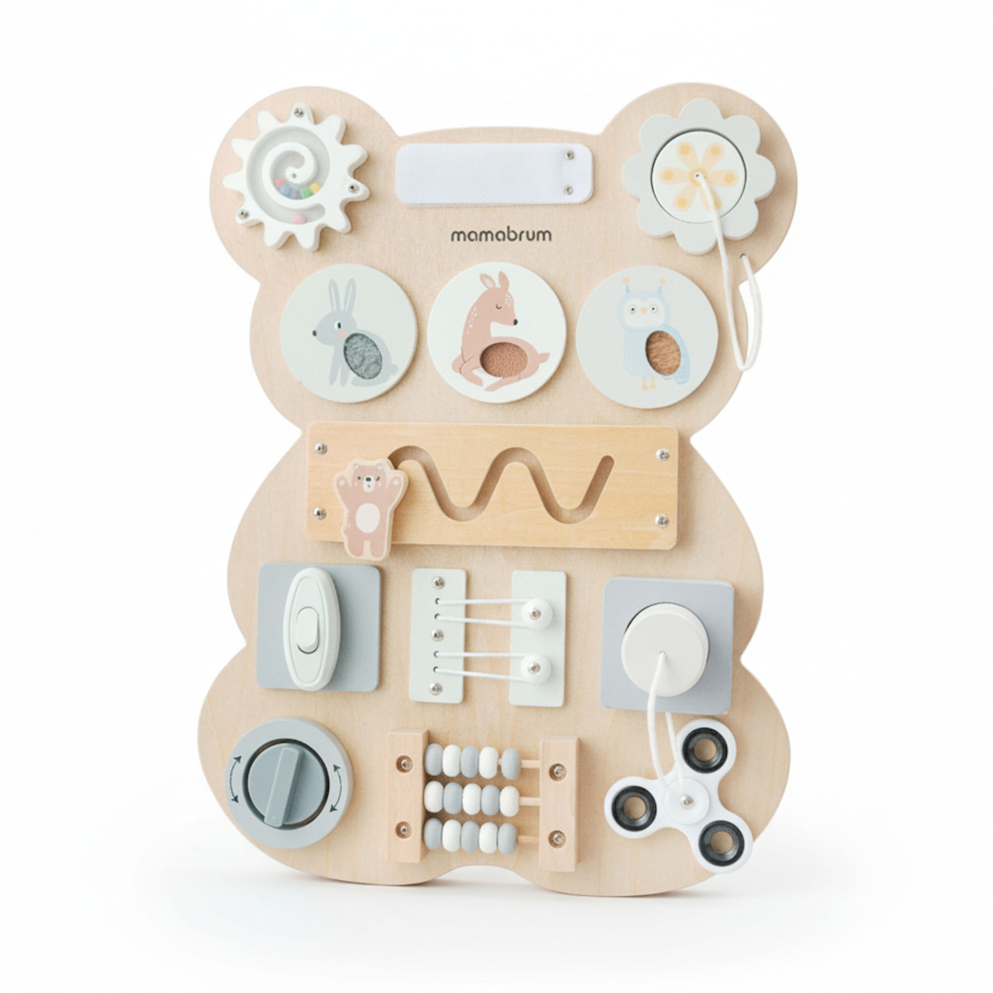 Montessori-nalle i trä - sensoriskt lärande av självständighet: kardborreband, plugg, labyrint, klickknapp