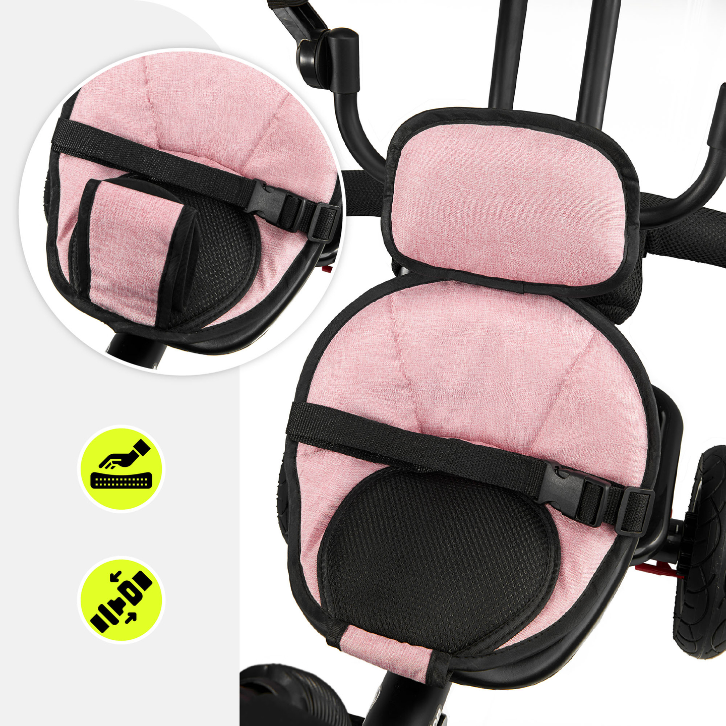 Trehjuling för barn 1-4 år - TOBI FREY - rosa färg - svängbar - pumpade hjul + tryckare