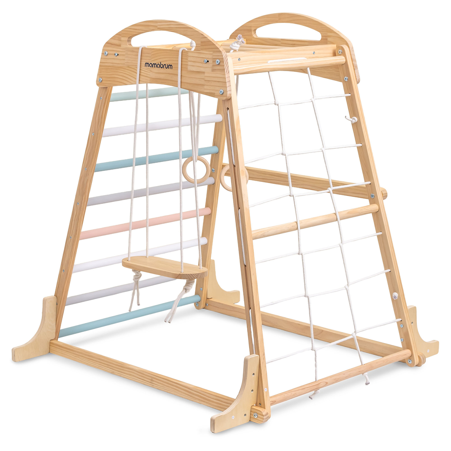 Trälekplats inomhus med gunga, gymnastikringar och klätternät