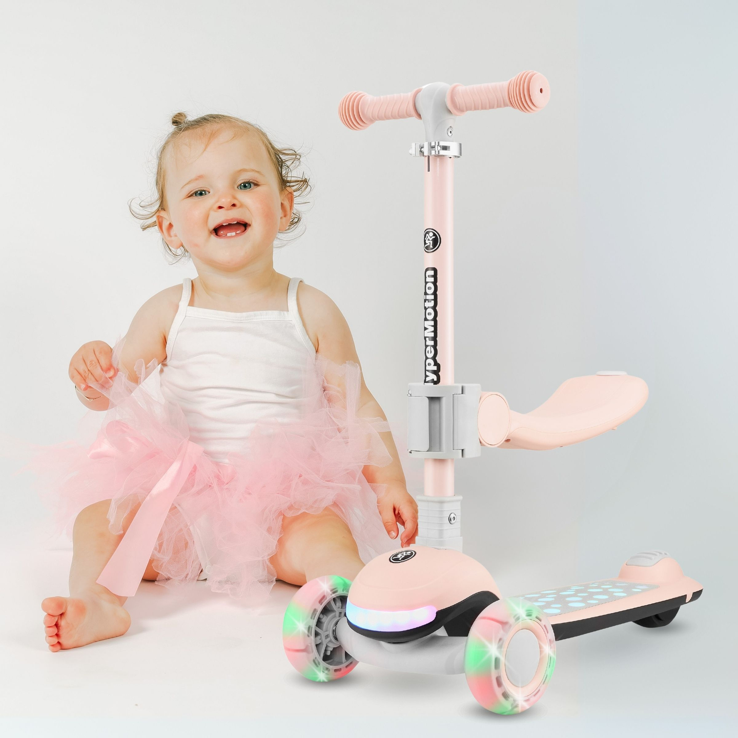 HyperMotion LUMI 3-i-1 balanssparkcykel - upplyst plattform och LED-hjul, färg rosa