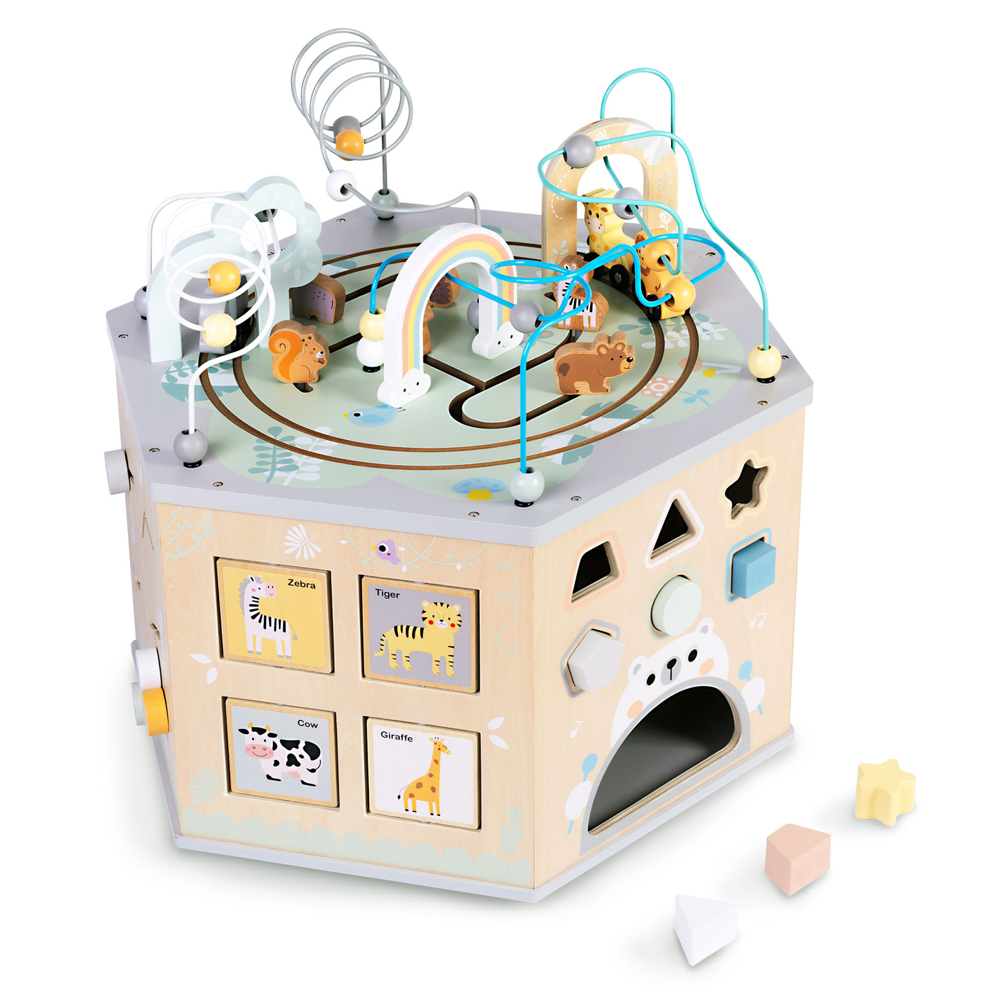 Stor träleksak med pedagogisk kub - en Montessorileksak med magnetiskt tåg och motoröglor