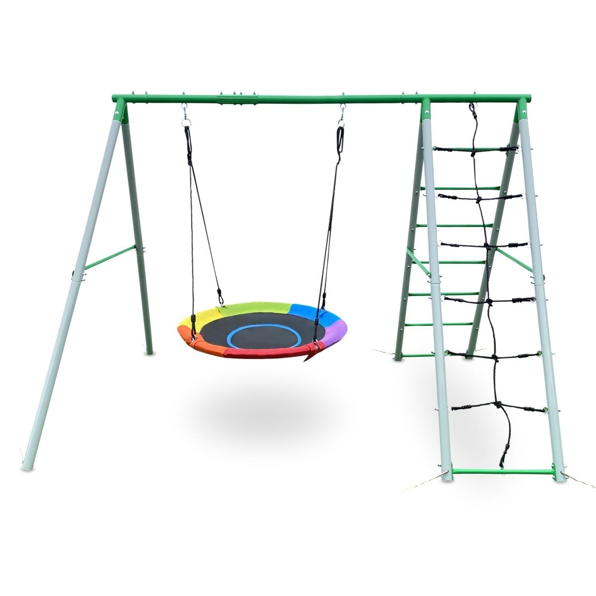 XL trädgårdslekplats för barn med en storkbo gunga, stege och klätternät