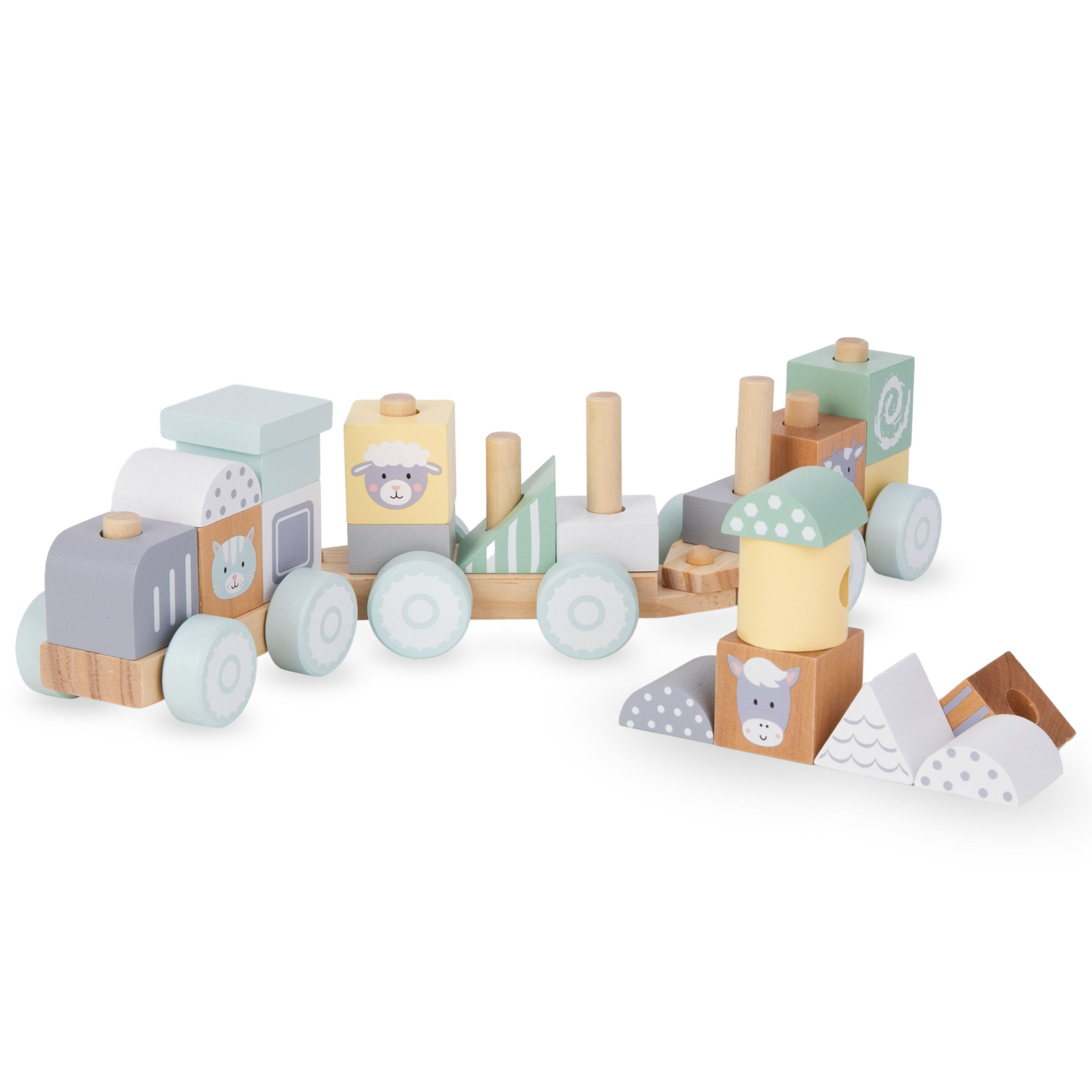 Tåg i trä med klossar för en pojke - Farm