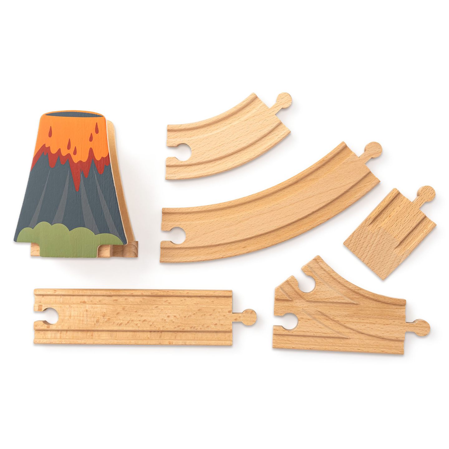 Dino Park trätåg med halkfri matta - dinosaurier, tåg, spår, vulkan, klocka