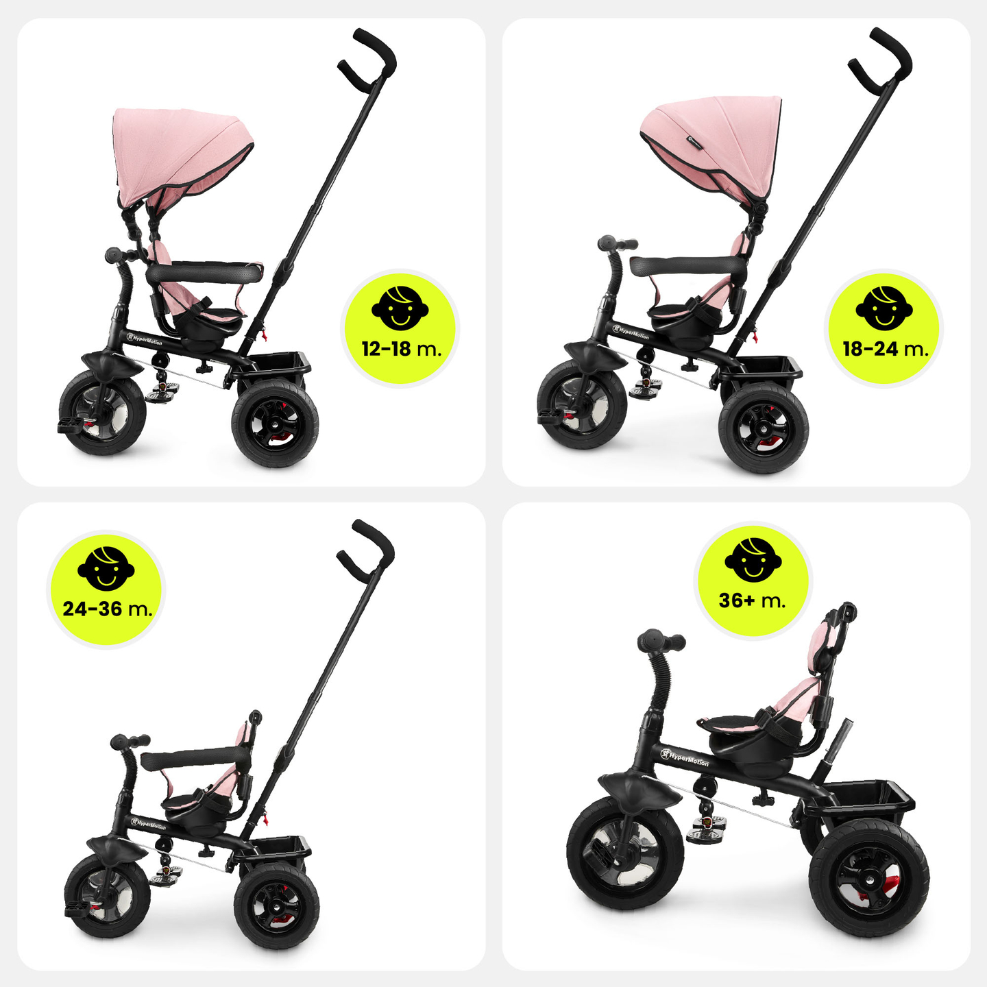 Trehjuling för barn 1-4 år - TOBI FREY - rosa färg - svängbar - pumpade hjul + tryckare