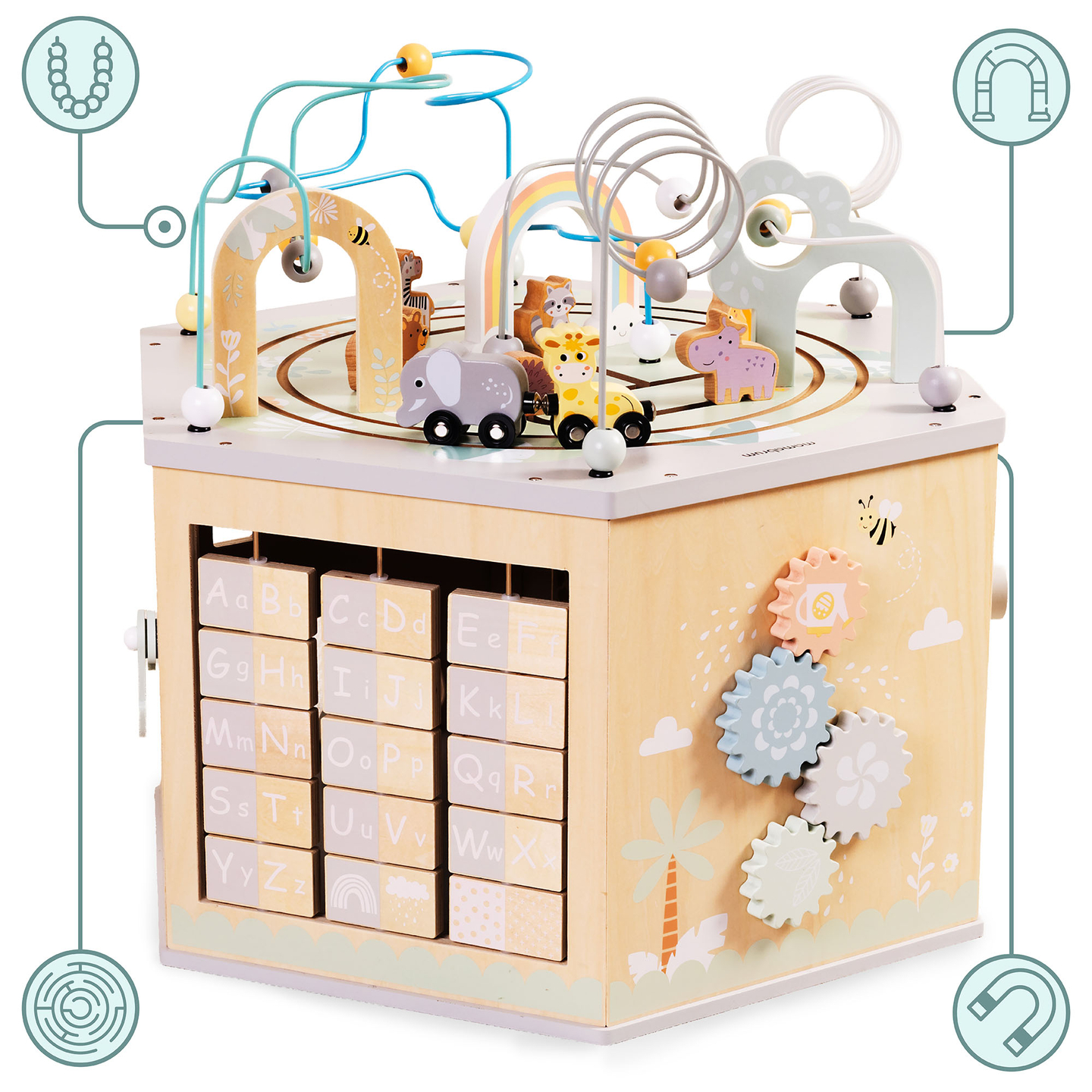 Stor träleksak med pedagogisk kub - en Montessorileksak med magnetiskt tåg och motoröglor