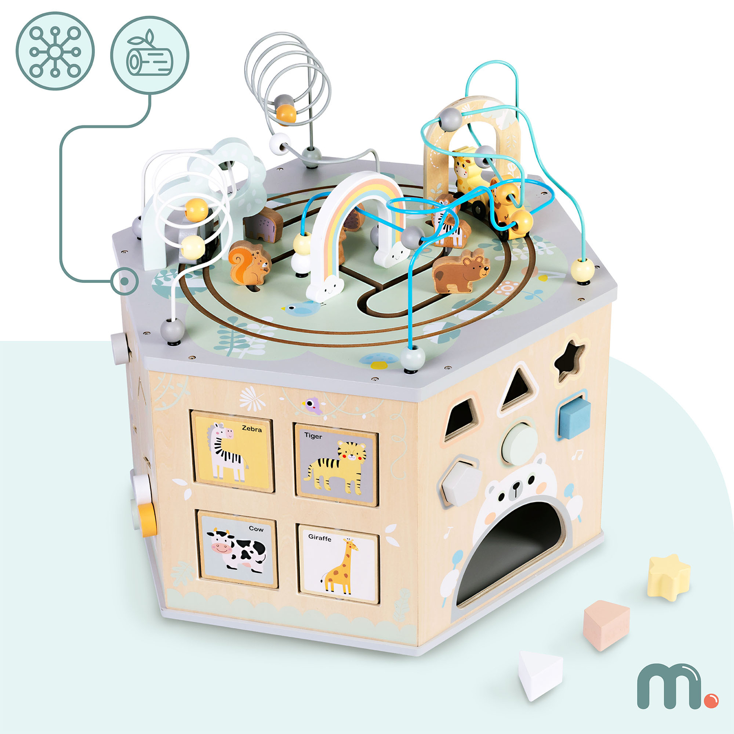 Stor träleksak med pedagogisk kub - en Montessorileksak med magnetiskt tåg och motoröglor