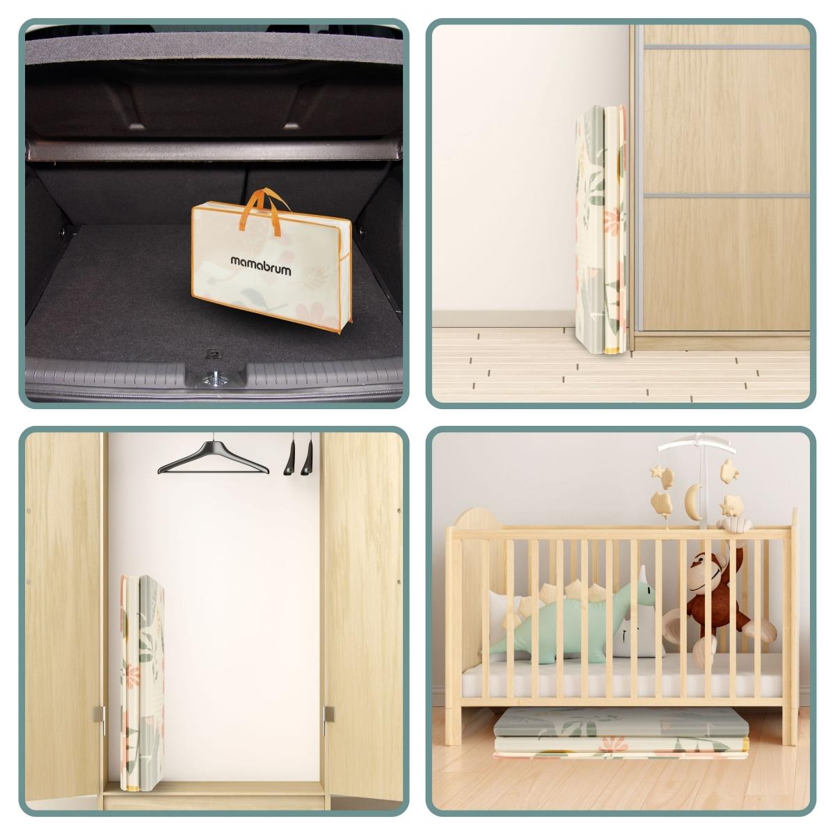 Dubbelsidig hopfällbar skumgummimatta 180 x 120 x 1 cm - Exotiska elefanter/Delikat grå