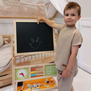 Stor pedagogisk dubbelsidig tavla: magnetisk och krittavla - torr raderingstavla, trä