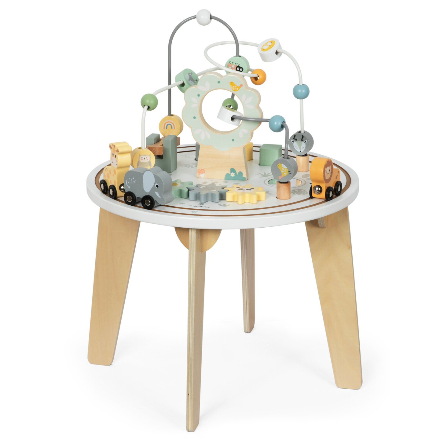 Trä runt utbildningsbord med ett magnettåg och en pärlkastare