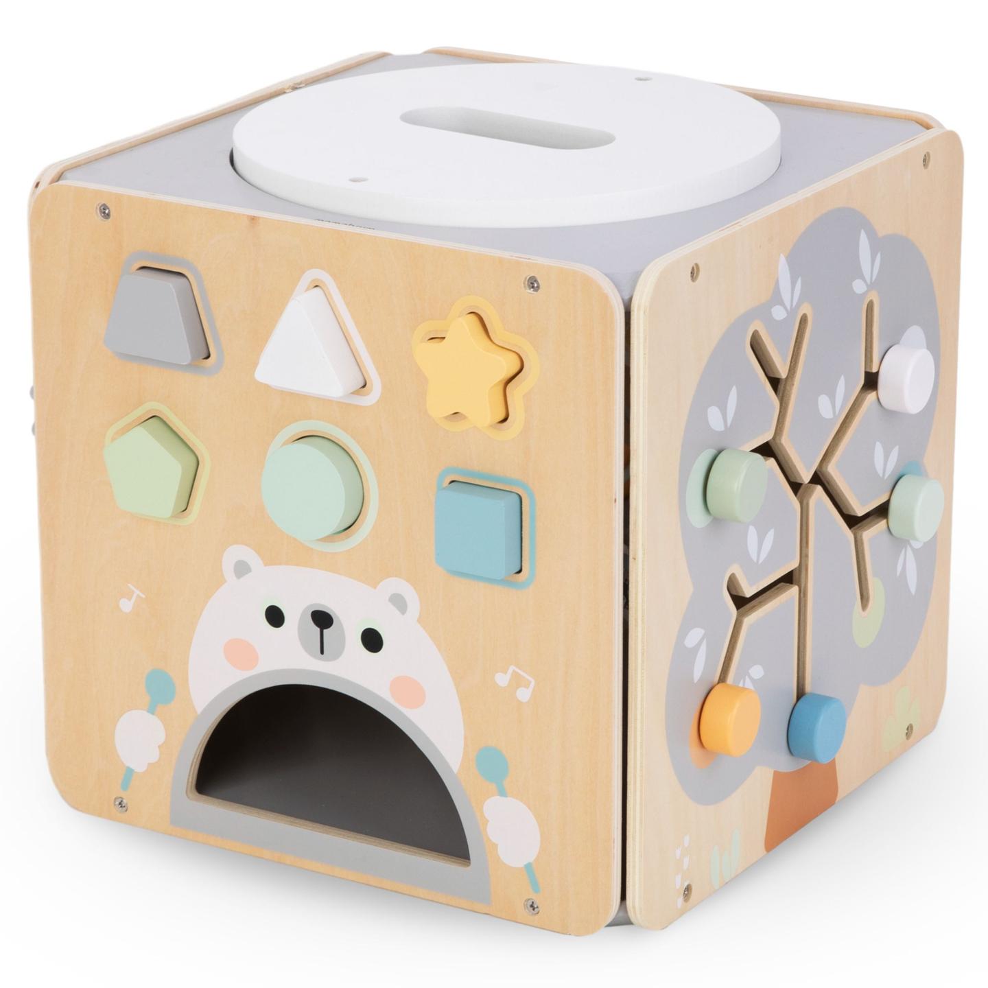 Stor aktivitetskub i trä med ögla - Montessori