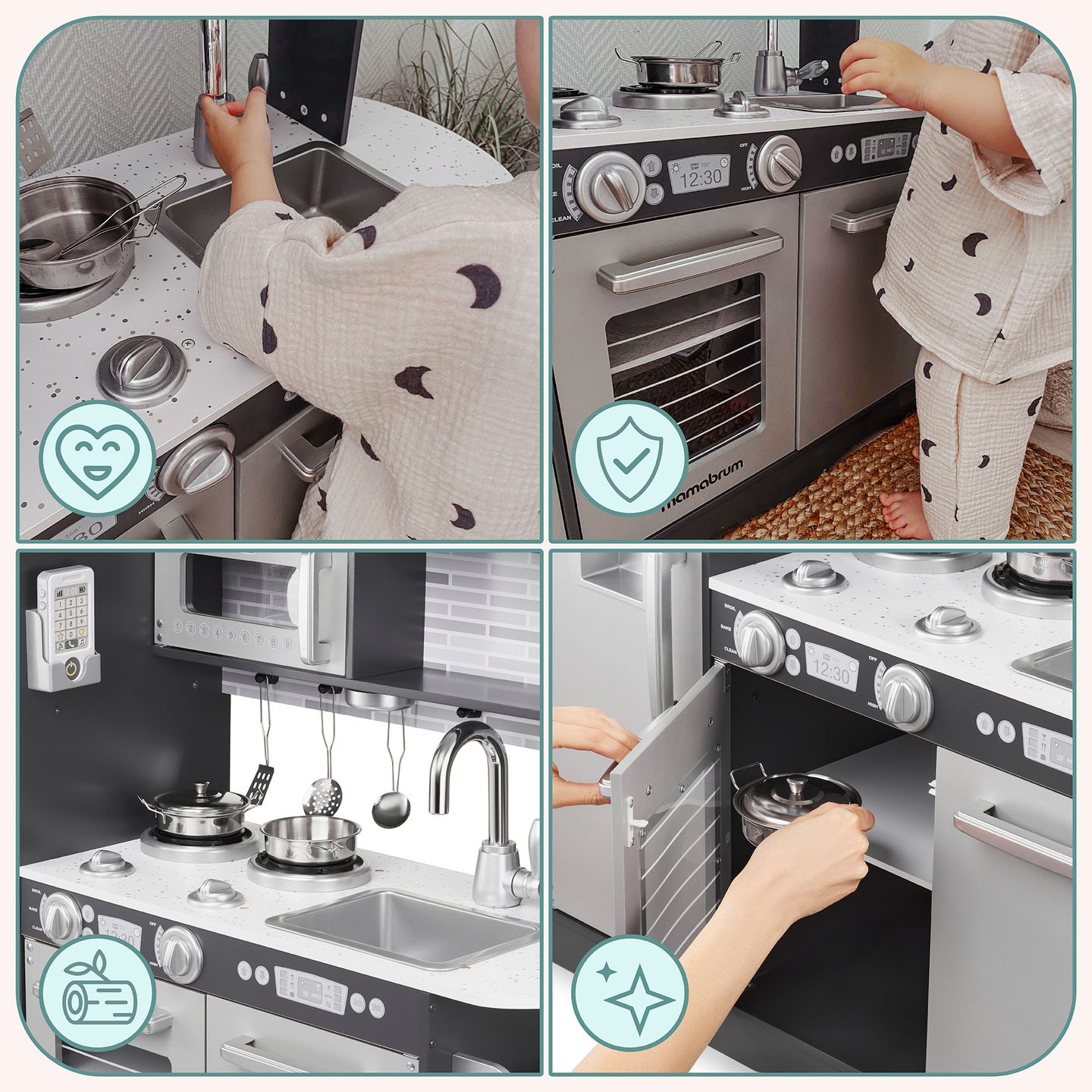 XXL träkök med LED-belysning, förkläde och tillbehör