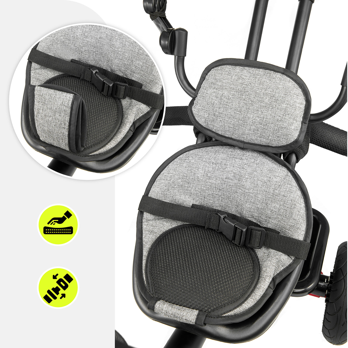 Trehjuling för barn 1-4 år - TOBI FREY - grå färg - svängbar - pumpade hjul + tryckare